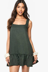 Linen Look Square Neck Drop Hem Mini Dress
