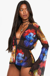 Bold Floral Tie Front Beach Top