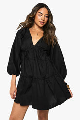 Cotton Poplin Ruched Balloon Sleeve Smock Dress
