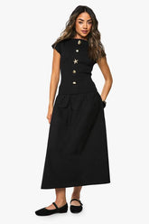 Gold Trim Rib Poplin Mix Midaxi Dress