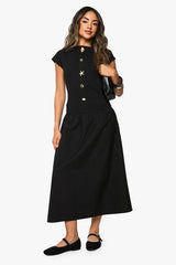 Gold Trim Rib Poplin Mix Midaxi Dress