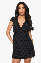 Polka Dot Lace Trim Wrap Mini Dress