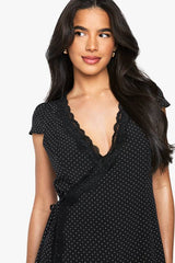 Polka Dot Lace Trim Wrap Mini Dress