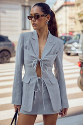 Herringbone Tie Front Fitted Blazer