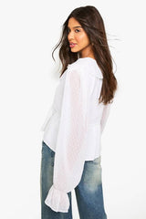 Dobby Mesh Tie Ruffle Blouse