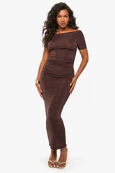 Accetate Slinky Draped Neck Ruched Midi Dress