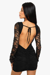 Lace Ruched Detail Backless Mini Dress