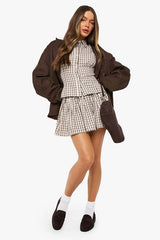 Check Print Drawstring Pleated Mini Skirt