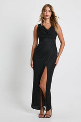 Mesh wrap cowl maxi dress