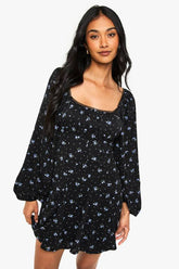Floral Milkmaid Godet Hem Long Sleeve Mini Dress