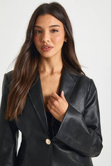 Faux Leather Cinched Waist Blazer