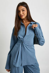 Stripe Plunge Wrap Cinched Shirt