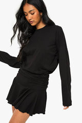 Long Sleeve Ruched Drop Waist T-shirt Dress