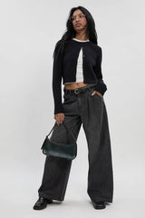 High Waist Supersoft Belted Pleated Wide Leg Jeans