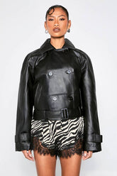 Faux Leather Short Trench Coat