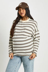 Maternity Striped Cotton Pocket Front Long Sleeve Top