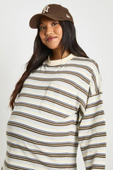 Maternity Striped Cotton Pocket Front Long Sleeve Top