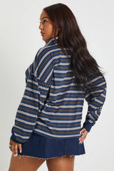 Plus Striped Heavy Cotton Button Detail Collared Rugby Top