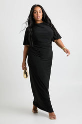 Plus Angel Sleeve Gathered Side Column Maxi Dress