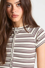 Stripe Rib Button Through Short Sleeve Top