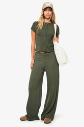 Crinkle Rib Button Through Cap Sleeve Top and Trouser Set