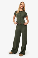 Crinkle Rib Button Through Cap Sleeve Top and Trouser Set