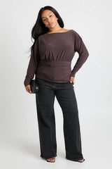 Plus Gathered Panel Long Angel Sleeve Blouson Top