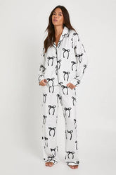 Satin Bow Print Long Sleeve Shirt & Trousers Pyjama Set