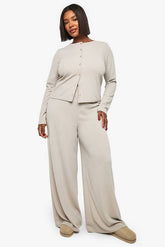 Plus Rib Button Cardigan Sleeve Top and Trouser Co-Ord