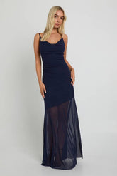 Cowl Neck Ruched Mesh Maxi Dress
