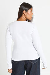 Plus Rib Lace Trim Detail Button Through Long Sleeve Top