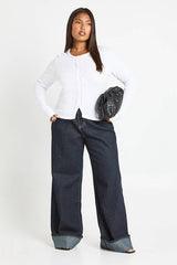 Plus Rib Lace Trim Detail Button Through Long Sleeve Top
