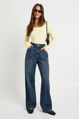 Basic Rib Scoop Neck Fitted Long Sleeve Top