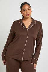 Plus Piping Detail Long Sleeve Shirt & Trouser Pyjama Set