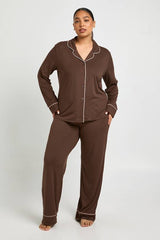 Plus Piping Detail Long Sleeve Shirt & Trouser Pyjama Set