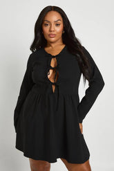 Plus Tie Front Long Sleeve Skater Dress