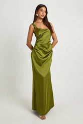 Square Neck Satin Ruched Maxi Dress