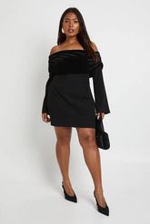 Plus Velvet Fold Over Bardot Tailored Mini Dress