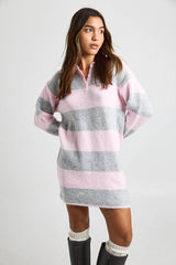 Collar Detail Oversized Rugby Knitted Mini Dress