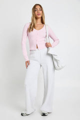 Ribbed Button Through V Neck Long Sleeve Top