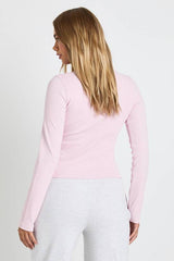 Ribbed Button Through V Neck Long Sleeve Top