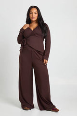 Plus Long Sleeve Deep V Neck Wrap Top And Wide Leg Trouser