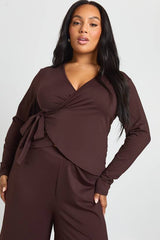 Plus Long Sleeve Deep V Neck Wrap Top And Wide Leg Trouser