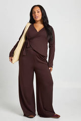 Plus Long Sleeve Deep V Neck Wrap Top And Wide Leg Trouser