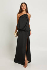 Satin Blouson Asymmetric Maxi Dress
