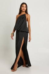 Satin Blouson Asymmetric Maxi Dress