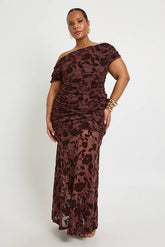 Plus Devore Asymmetric Neckline Sheer Skirt Maxi Dress