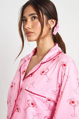 Cocktail Print Long Sleeve Shirt & Trouser 3 Piece Pyjama Set