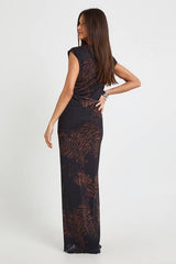 Mixed Animal Printed Mesh Maxi Dress