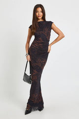 Mixed Animal Printed Mesh Maxi Dress